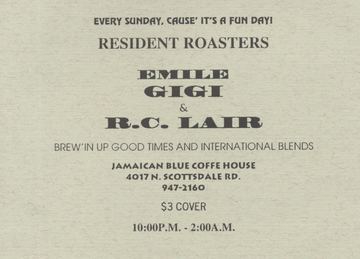 Resident Roasters flyer, JAMAICAN BLUE COFFE HOUSE, 4017 N. SCOTTSDALE RD., Arizona, Date unknown