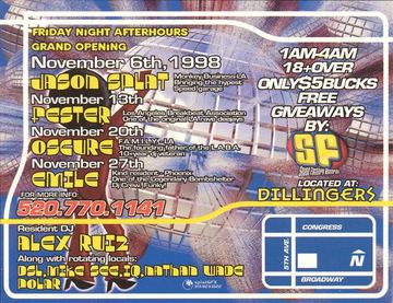 Friday Night Afterhours flyer, Dillingers, Arizona, November 6, 1998