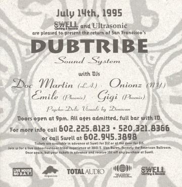 Dubtribe Sound System flyer, 3801 E. Van Buren (formerly the American Ballroom), Arizona, July 14, 1995