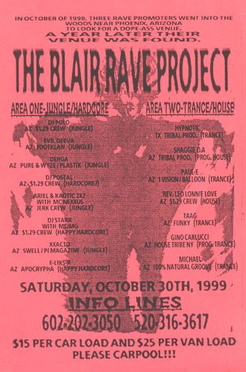 The Blair Rave Project flyer, Tucson, October 30, 1999