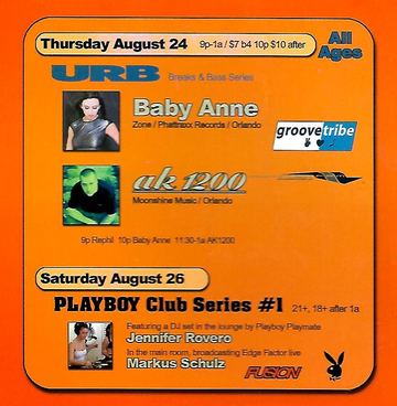 URB Breaks & Bass Series / PLAYBOY Club Series #1 flyer, Arizona, August 24, 2000 (best guess)