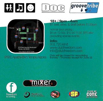 Club Freedom (flyer back: house info and pricing) flyer, Club Freedom, Tempe, Date unknown