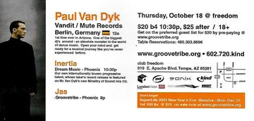Paul Van Dyk flyer, club freedom, Tempe, October 18, 2001 (best guess)