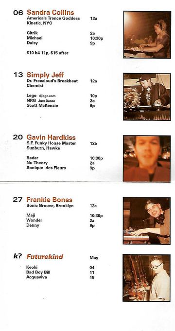 Futurekind schedule (Sandra Collins, Simply Jeff, Gavin Hardkiss, Frankie Bones) flyer, Arizona, Date unknown