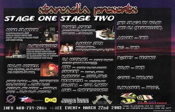 Starcadia presents Stage One Stage Two flyer, Arizona, March 22, 2003