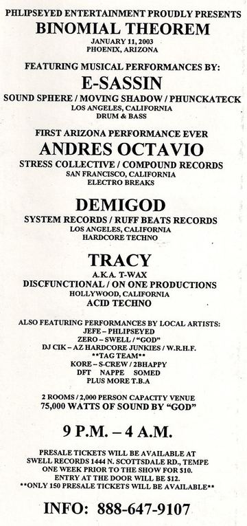 Binomial Theorem flyer, Phoenix, January 11, 2003