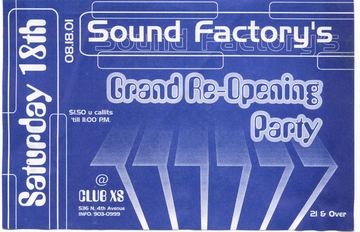 Sound Factory's Grand Re-Opening Party flyer, Club XS, Tucson, October 18, 1997 (best guess)