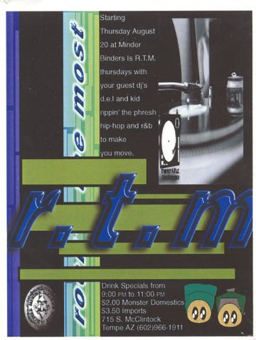 r.t.m. flyer, Minder Binders, Tempe, August 20, 1998 (best guess)