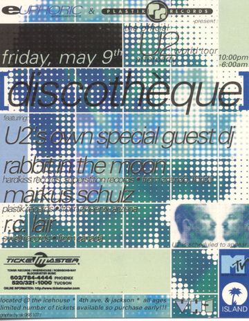 Discotheque (U2 world tour afterparty) flyer, The Icehouse, 4th ave. & jackson, Arizona, May 9, 1997 (best guess)