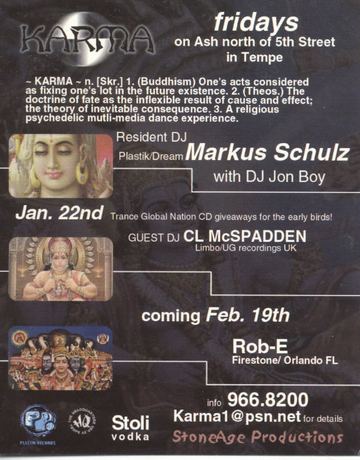 Karma flyer, Karma, on Ash north of 5th Street, Tempe, January 22, 1993