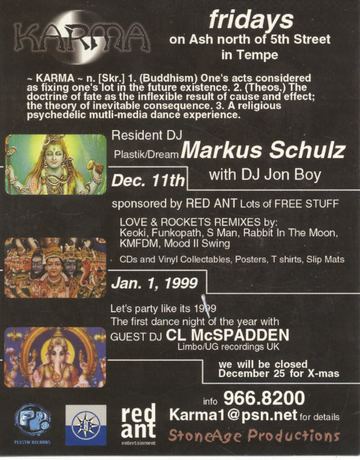 Karma flyer, Karma, on Ash north of 5th Street, Tempe, December 11, 1992