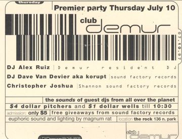 Club Demur flyer, The Rock, 136 N. Park, Arizona, July 10, 1997