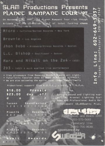 Planet Rampant Tour '97 flyer, Arizona, November 29, 1997