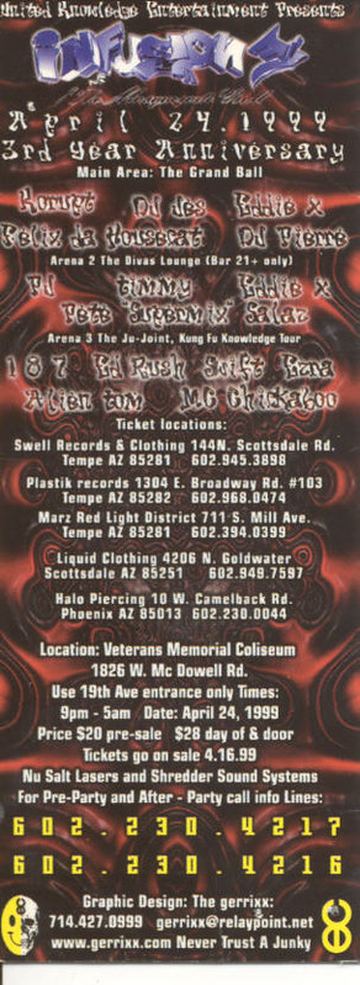 Infusion (3rd Year Anniversary) flyer, Veterans Memorial Coliseum, Phoenix, April 24, 1999