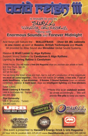 Acid Reign III flyer, Arizona, January 20, 2000 (best guess)