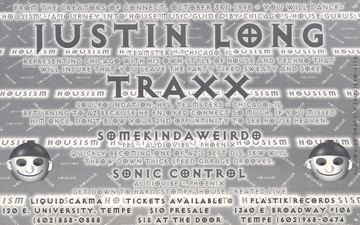 Justin Long Traxx flyer, Liquid Carma, Tempe, October 3, 1998