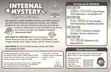 Internal Mystery flyer, Castles & Coasters Amusement Park, Phoenix, April 17, 1999