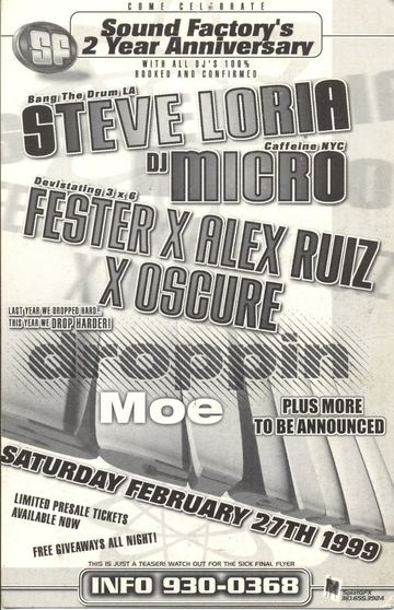 Sound Factory's 2 Year Anniversary flyer, Sound Factory, Tucson, February 27, 1999