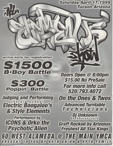 B-Boy Battle flyer, The Main YMCA, Tucson, April 17, 1999