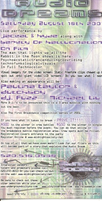 Audio Dreams flyer, Tucson, August 18, 2001