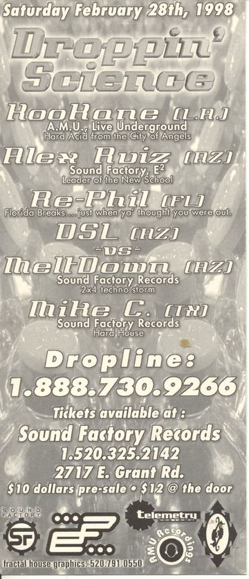 Droppin' Science flyer, Tucson, February 28, 1998