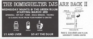 Bombshelter DJs Are Back flyer, The Green Room, Arizona, March 3, 1999 (best guess)