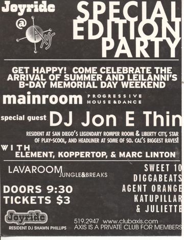Joyride @ Axis Special Edition Party flyer, Axis, Arizona, Date unknown