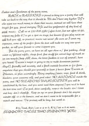 Back to Bassicks flyer, Arizona, c. 1999