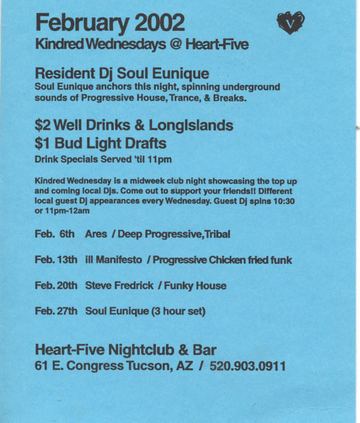 Kindred Wednesdays flyer, Heart-Five Nightclub & Bar, Tucson, February 2002