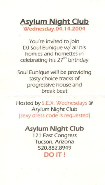 S.E.X. Wednesdays flyer, Asylum Night Club, Tucson, April 14, 2004