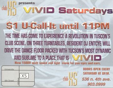 Vivid Saturdays flyer, Club XS, Tucson, Date unknown